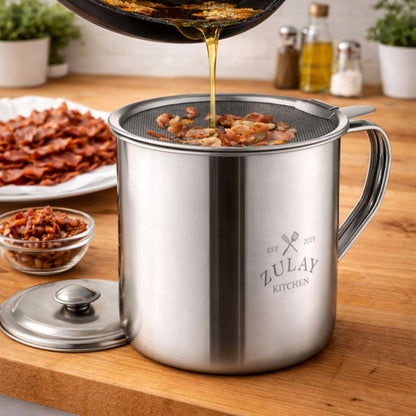 Zulay Kitchen Bacon Grease Container on a wooden surface with food being cooked.