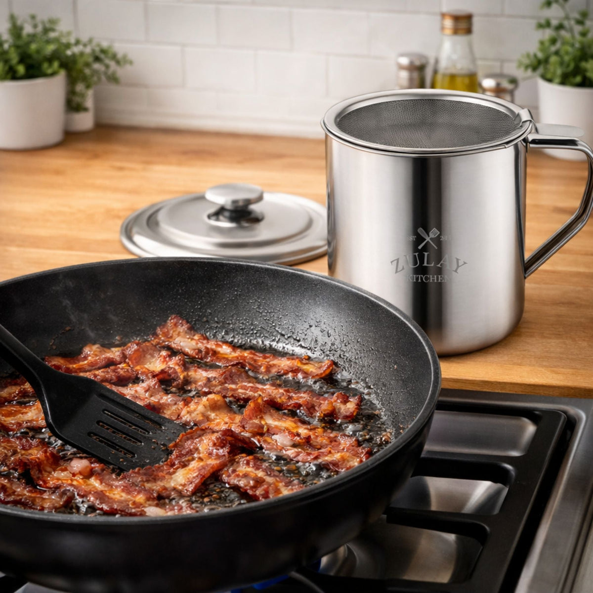 Bacon frying in a pan with the Zulay Kitchen Bacon Grease Container on a kitchen counter.