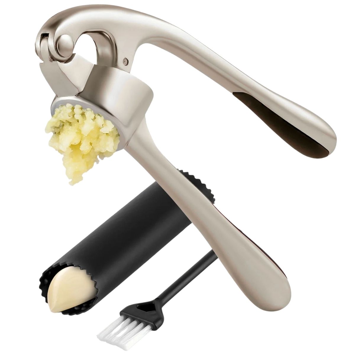 Garlic Press and Peeler Set With Silicone Peeler & Brush - Silver by Zulay Kitchen